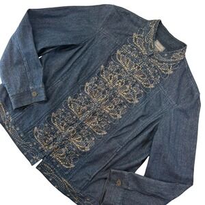 Additions by Chico's Denim Jacket Size 3 Blue Embellished Sequin Embroidery